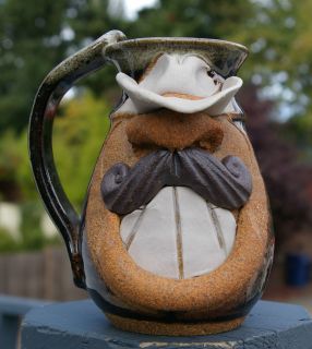  Cup Brown Man Face Mustache Studio Pottery Signed Eakin Cowboy