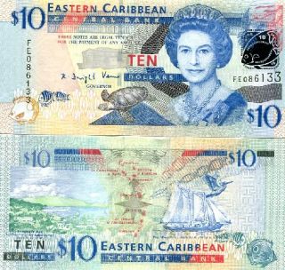 East Caribbean St 10 Dollars 2008 P 48 UNC CV $16 QEII