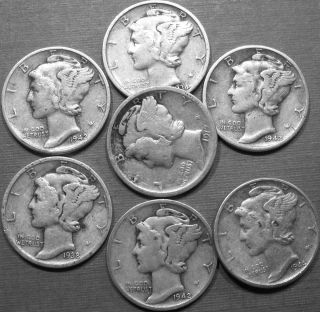 Silver Mercury Dimes Lot 7 Coins 1917, 1934,1938 D, 1942, 1942 D, 1942
