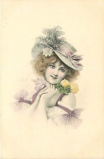 Beautiful Woman Holding Yellow Roses Feather Hat K30791