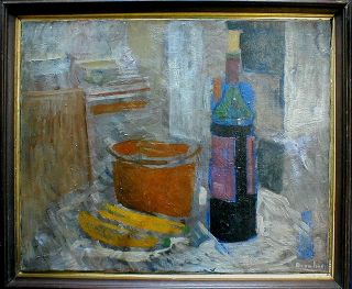 Oil Painting Still Life Wine Bottle Bananas Duvalier
