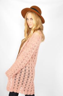 Vtg 70s Dusty Rose Scallop Cut Out Crochet Knit Slouchy Cardigan