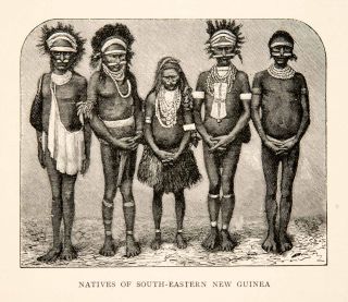 1895 Wood Engraving Native New Guinea Tribal Traditional Costume