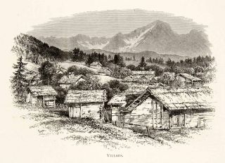 1891 Wood Engraving Alps Villars Switzerland Rhone Mountain Village