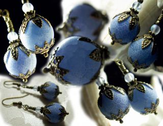Light Powder Blue Dragon Vein Crystal Drop Earrings Vintage Victorian