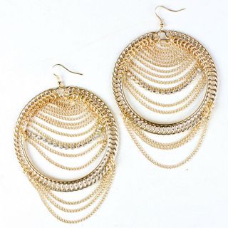 Gold Metallic Circle Chain Rhinestone Crystal Party Cocktail Earrings