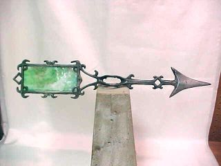 VINTAGE WEATHER VANE WITH STAINED GLASS PANEL FOR LIGHTNING ROD