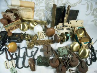 Lot of Vintage ANTIQUE DOOR HARDWARE Porcelain knobs Locks hooks and