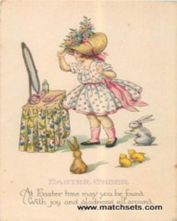 Easter Cheer Pretty Girl in Dress Hat with Animals Postcard