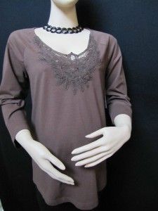 NWT DUO VERY PRETTY SABLE BROWN 3/4 SLEEVE LACE INSERT MATERNITY SHIRT