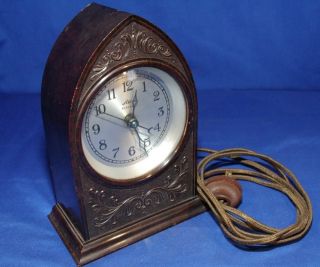 Vtg Atlas Electric Cathedral Spin Start Clock with Silk Cord, Bakelite