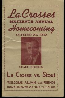 La Crosse vs Stout High School Football Game Homecoming Program 1937