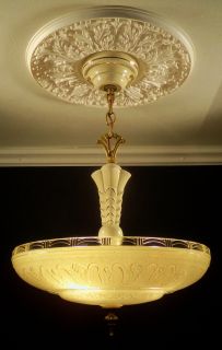 30s Art Deco Caramel and Porcelian Ceiling Light Fixture Chandelier