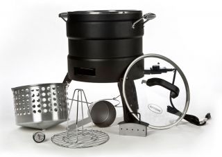 The oil free fryer includes a fryer basket, turkey stand, glass lid