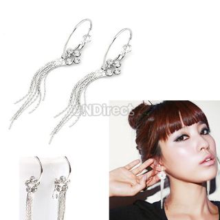 Elegant Silver Crystal Rhinestone Flower Tassel Dangle Long Earrings