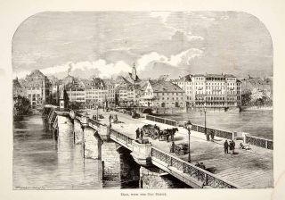 1891 Wood Engraving Bridge Basel Bale Switzerland Rhine River Horse