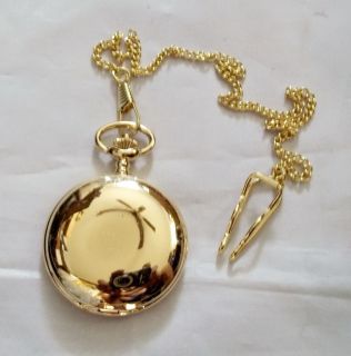 Mens Pocket Watch Gold Plated Smooth w Chain Antiqued Style Quartz