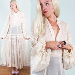  30s Sheer Cream Silk Chiffon Lace Bishop Sleeve Maxi Dress XS S