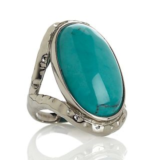 Stately Steel Oval Turquoise Cabochon Hammered Ring