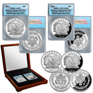 2011 MS70 and PR70 FDOI LE of 211 Army 2 Coin Silver Dollar Set