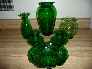 Vintage Depression Glass Vases & Candy Dish scalloped Green Anchor