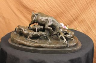 Signed Barye Elk Stag Is Attacked by Pack of Wild Dogs Bronze