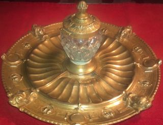 Antique ELKINGTON INKWELL, NEO CLASSICAL Gold Plated Bronze & Crystal