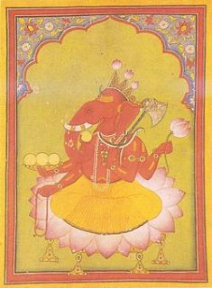 Attired in an orange dhoti, an elephant headed man sits on a large