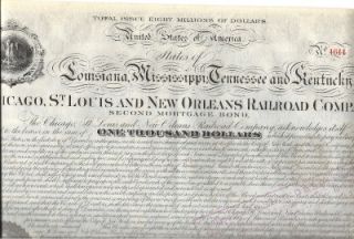 Chgo St Louis New Orleans RR$1 000 Bond 1877 Sign Fish