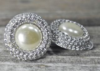 Gorgeous Vintage Silver Pearl Crystal Clip on Earrings Costume Jewelry