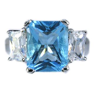 Emerald Cut 3 Stone London Blue Topaz Ring Size 6