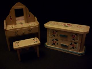 Doll House furniture Wooden miniatures , Hand Painted Vanity , Stool