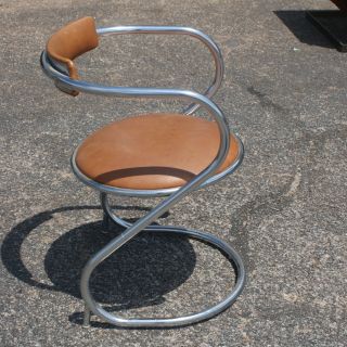 art deco chrome tubular accent chair caramel vinyl upholstery 18 width