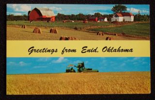 1950s Farming Reaping Grain Greetings Enid OK Garfield