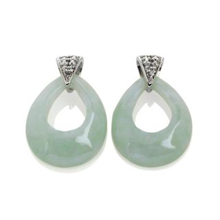 Sterling Silver Pear Shaped Green Jade Earrings with Diamond Accents