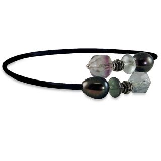Black Cultured Freshwater Pearl and Gemstone 6 Rubber Bypass Bracelet