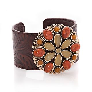 Orange Sponge Coral and Quartz Bronze and Leather 7 Cuff Bracelet at