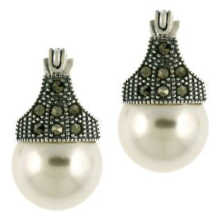 105 8999 white simulated pearl and marcasite sterling silver earrings