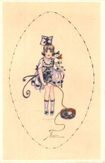Artist Signed Erna Maison Kurt Girl Cats Vintage Postcard