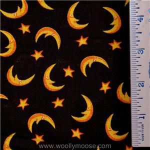 Halloween Crescent Moon Stars on Black Quilt Fabric