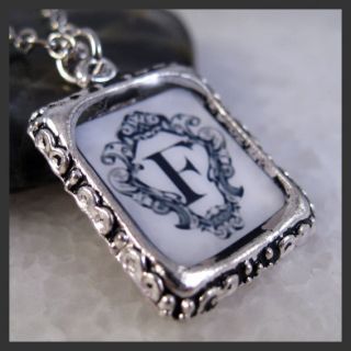 Initial Letter F Vintage Silver Square Setting Charm Pendant Necklace