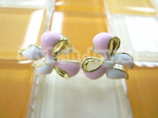   3D White Pink Butterfly Bow Fake Ear Plugs Enamel Earrings Stud 508