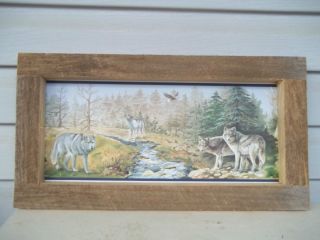 Wolf wolves eagle stream lodge cabin southwestern decor rustic framed