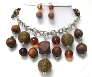 MIXED WOOD BALLS BEADED & FACET GLASS BEADS DANGLE LONG NECKLACE