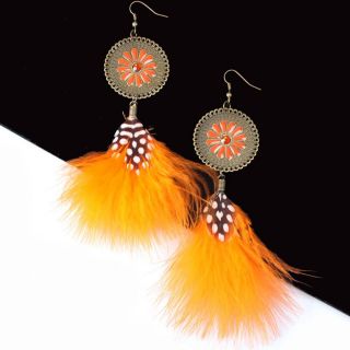 Orange Spotted Quail Feather Daisy Gem Dangle Earring