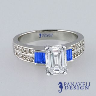 00 Ct Emerald Cut Diamond Blue Sapphire Engagement Ring Platinum G H
