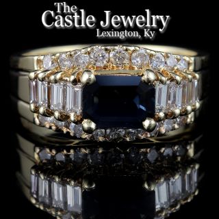 Diamond Accented Emerald Cut Sapphire Ring 75 cttw Crafted in 14k Gold