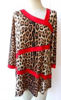 Eva Varro Leopard Print Tunic Asymmetric Neck Red Trim 1x $138
