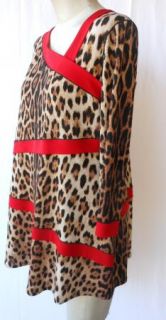 Eva Varro Leopard Print Tunic Asymmetric Neck Red Trim 1x $138