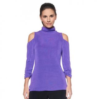 160 344 slinky brand mock neck tunic with cutout shoulder detail